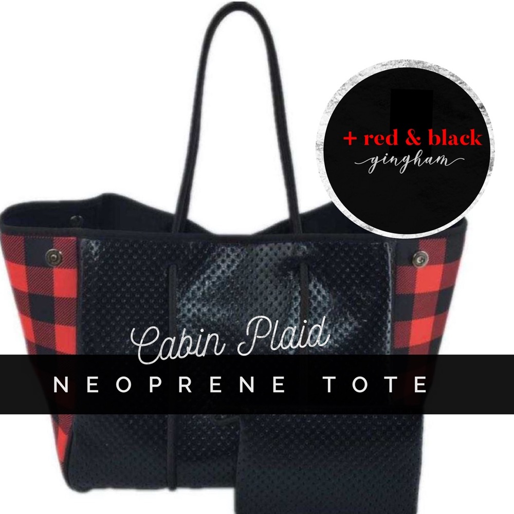 new Cabin Plaid Waterproof Tote - black Neoprene Bag Purse + red buffalo checks